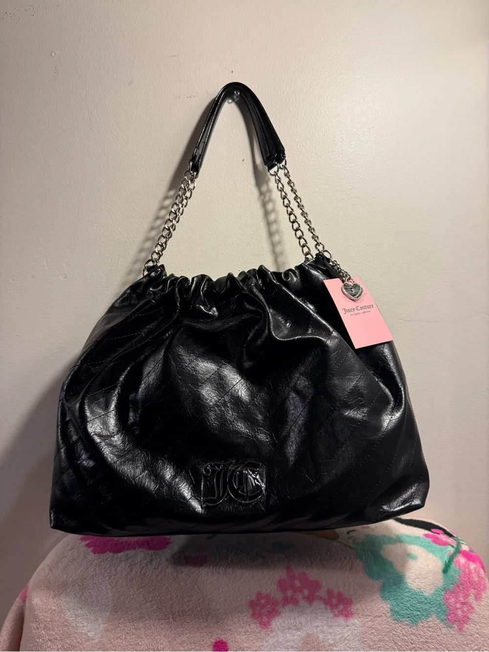 Juicy Couture Soft Spoken Tote bag color licorice black with silver chain NWT